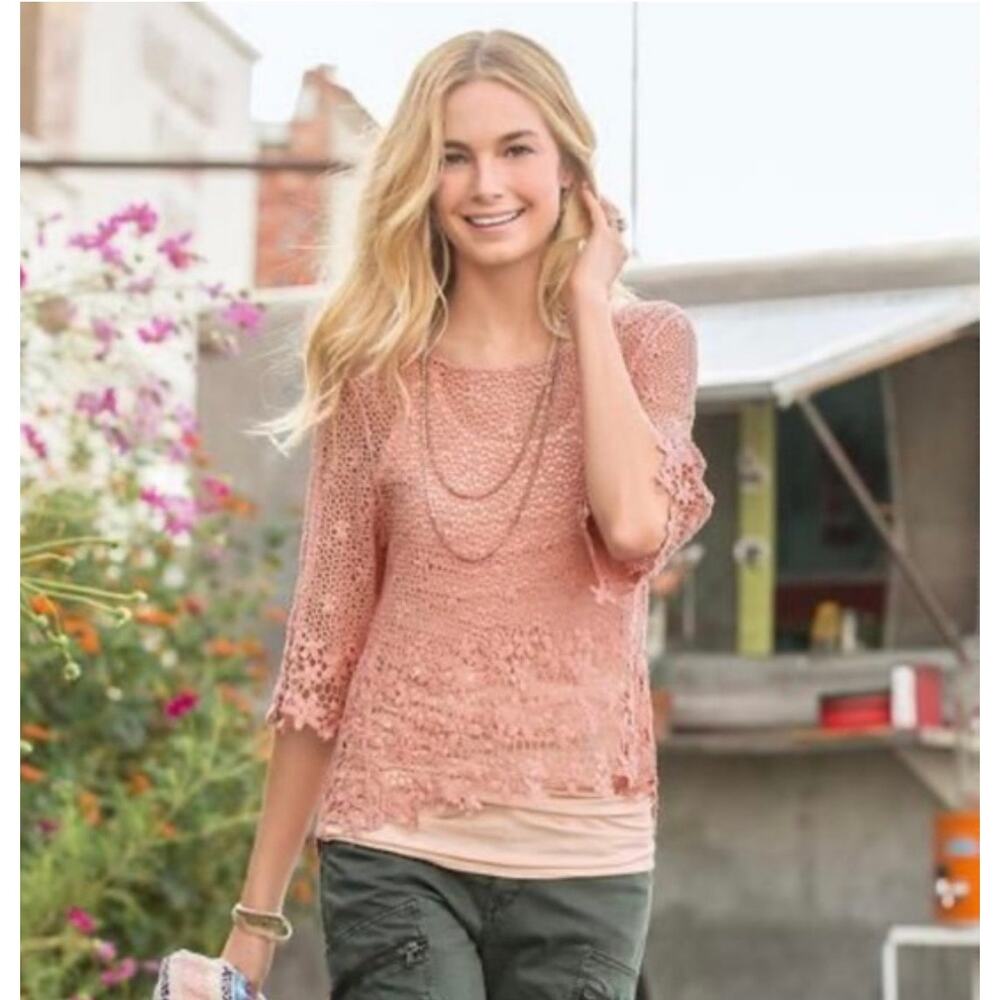 Sundance Baby Pink Lace Crochet Blouse Girly Feminine Small Top Knit Delicate
